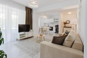 a living room with a couch and a tv at City Center Accommodation 103 in Reşiţa