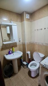 a bathroom with a sink and a toilet and a mirror at Apartman braco in Budva +14 photos