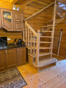 a spiral staircase in a wooden cabin with a kitchen at Deep Forest 1 in Berkhomet-pe-Siret