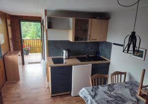 a small kitchen with a sink and a refrigerator at Chata Březka in Libuň