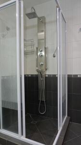 a shower with a glass door in a bathroom at Апартаменти Сънбрийз - Sunbreeze Apartments in Byala