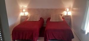 two beds in a small room with two lamps at Le Vallon in Mondion
