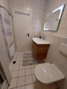 a bathroom with a sink and a toilet and a mirror at Birkenquartier in Zingst