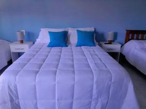 a large white bed with blue pillows and two night stands at LOS RULITOS Departamentos Temporarios in San Salvador de Jujuy