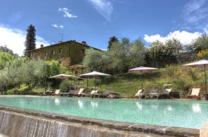 basen z krzesłami i parasolami w obiekcie Agriturismo Casavecchia w mieście Figline Valdarno