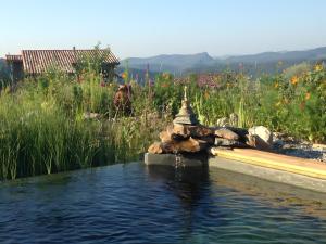 a pool of water in front of a field of flowers at Eco Gîte in Payzac