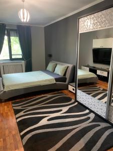 a bedroom with a bed and a large mirror at Cazare Bârlad 4 in Bîrlad