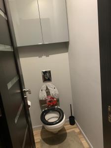 a bathroom with a toilet with a truck on it at Cazare Bârlad 4 in Bîrlad