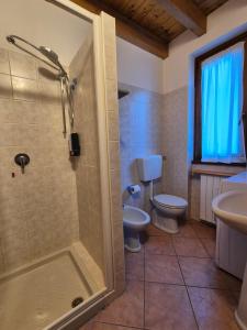 a bathroom with a shower and a toilet and a sink at Dream View Mountains House in Valgoglio +12 photos