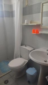 a white bathroom with a toilet and a sink at Liros in Kamiros