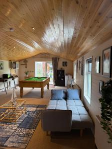 a living room with a couch and a pool table at Country studio apartment in Wexford