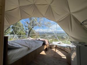a bed in a room with a large window at Nikorstminda glamping - Batoni's forest in Ambrolauri