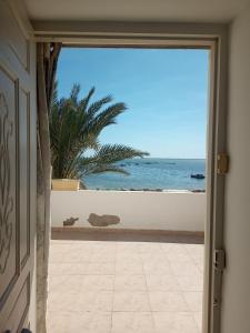 an open door with a view of the ocean at Charming waterfront studio in Sidi el Moujahed +10 photos