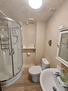 ein Badezimmer mit Toilette, Dusche und Waschbecken in der Unterkunft Linhay -Farm Cottage in Sidmouth + 16 Fotos