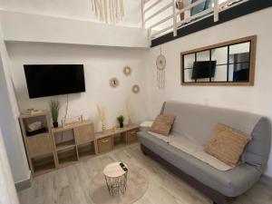 a living room with a couch and a flat screen tv at Appartement 5 places 300m de la plage in Argelès-sur-Mer