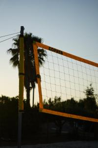 a volleyball net with a palm tree in the background at Casa Fonte da Telha in Santiago do Cacém