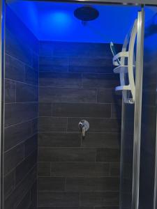 a bathroom with a shower with a blue ceiling at Trasimeno Vacanze in Passignano sul Trasimeno +35 photos