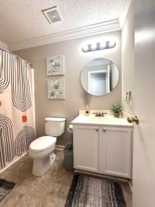 a bathroom with a toilet and a sink and a mirror at Modern comfort 2BR-2BA Retreat in Concord
