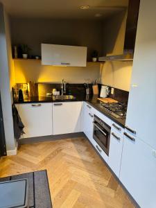 Una cocina con gabinetes blancos y un horno de estufa. en Tip! Luxury waterfront penthouse, en Vinkeveen