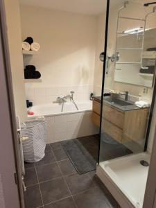 Un baño con bañera, lavabo y ducha. en Tip! Luxury waterfront penthouse, en Vinkeveen