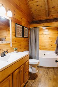ein Badezimmer mit Toilette, Waschbecken und Badewanne in der Unterkunft "Alpine Hills" Cozy Hideaway RRG Cabin w/ Hot Tub in Stanton