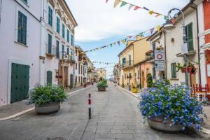 an empty street with flowers and flags in a town at La Casa al mare in Marina San Vito