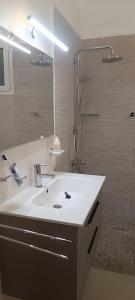 a bathroom with a sink and a shower at La Brise de Djerba, Villa de Charme en bord de mer à Al Jazira in Mezraya