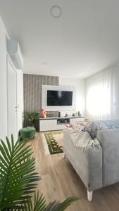 Una sala de estar con un sofá y un televisor de pantalla plana. en Os Pimentinhas, 
