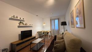 ein Wohnzimmer mit Sofa und Fernseher in der Unterkunft Rincon de Pepo in Villanúa