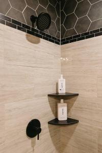 ein Badezimmer mit zwei Seifenflaschen auf Regalen in der Unterkunft "Valley View Lodge" RRG - Modern Stay w/ Hot-tub in Slade