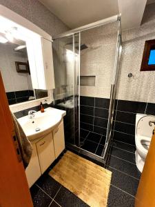 a bathroom with a shower and a sink and a toilet at The Fortress, beautiful and private house with top in Skiathos Town