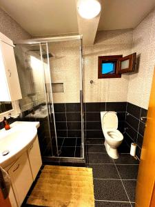 a bathroom with a shower and a toilet and a sink at The Fortress, beautiful and private house with top in Skiathos Town +36 photos