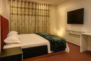 シュリーナガルにあるKoh E Noshのベッドルーム(ベッド1台、テレビ、カーテン付)