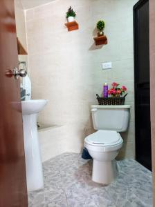a bathroom with a white toilet and a sink at Petroglifo Room Támesis in Támesis