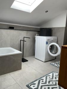 a laundry room with a washing machine and a sink at Sonnenaufgang in Rottau