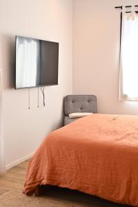 una camera da letto con un letto e una TV a parete di Modern and bright vacation home a Bormes-les-Mimosas