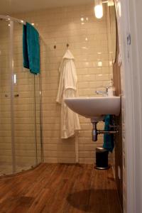 a bathroom with a sink and a shower at Vakantiewoning Hegga in Hegelsom