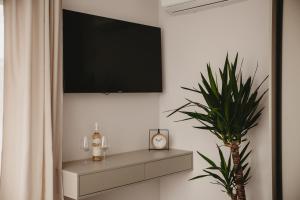 a living room with a television and a plant at White House Iris Cluj Napoca - Apartament 3 in Cluj-Napoca