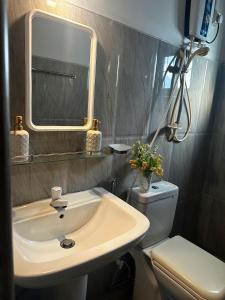 Un baño con lavabo, inodoro y espejo. en Hotel Halona, en Kandy