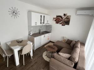 a living room with a couch and a table and a kitchen at Mića Apartment in Veliko Gradište