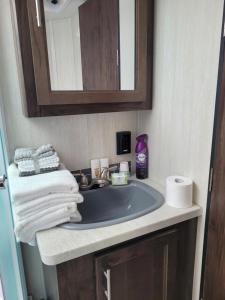 a bathroom with a sink and a mirror and towels at Cozy Camping in Hot Springs +15 photos