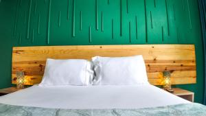 a bed with two white pillows and a green wall at Tambarara Manor & Conference Centre in Harare