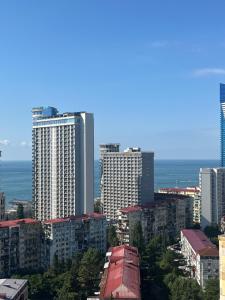 a city skyline with tall buildings and the ocean at Batumi Sea Apartment in Batumi