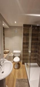 a bathroom with a toilet and a shower and a sink at The Duke's Townhouse in Chester