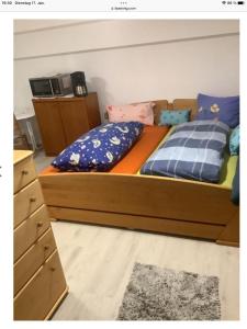 Postel nebo postele na pokoji v ubytování Doppelzimmer mit neuem Bad und Sportpool-Nutzung außen, im basement cellar der Villa Naturpark, Garten mit Rheinblick