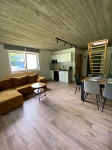 a living room with a couch and a table at Domki pod Wolinem in Wolin