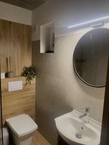 a bathroom with a sink and a toilet and a mirror at Domki pod Wolinem in Wolin