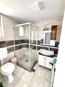 een badkamer met een douche, een toilet en een wastafel bij Stefea Apartment in Ohrid