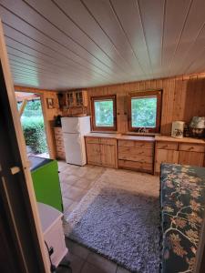 a kitchen with wooden cabinets and a white refrigerator at Holzhäusl am Fuße des Liliensteins in Königstein an der Elbe +9 photos