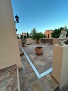 eine Steinterrasse mit Topfpflanzen und einer Statue in der Unterkunft Chalet pareado in Marbella